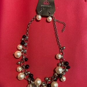 Paparazzi Elegant Modern Silver and Black Necklace and Earrings Set